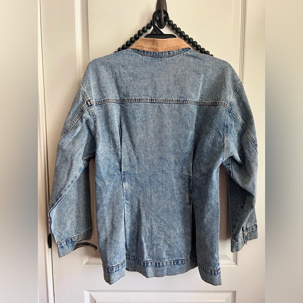 VICI Brown Suede Trim Pockets Collar Denim Blue Barn Long Jacket Medium 8 10 NWT - Picture 8 of 9